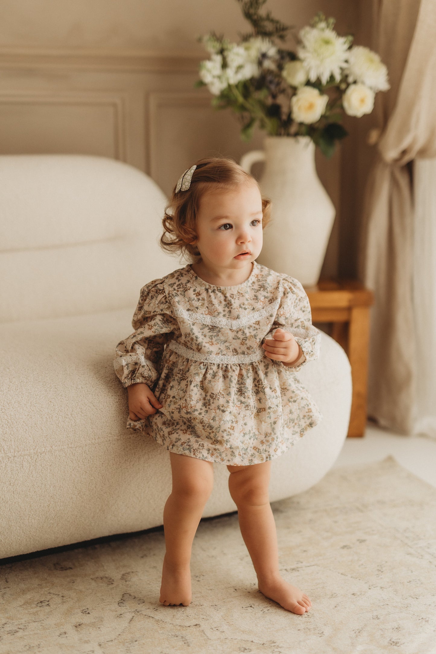 Beige/ green floral romper dress