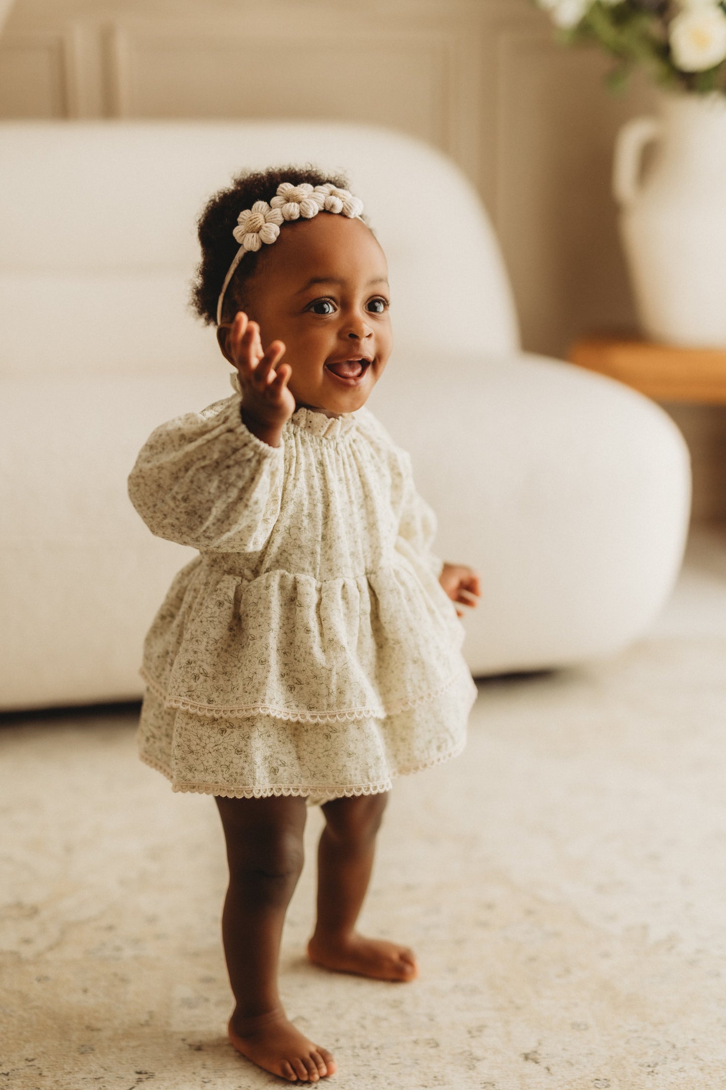 Baby girls cream and khaki floral print romper
