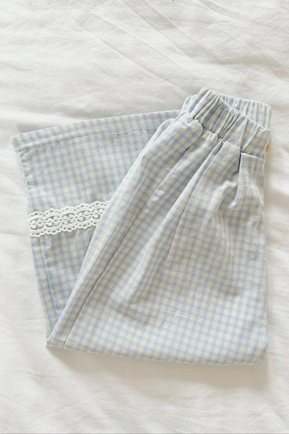 Girls blue and white gingham wide leg trousers