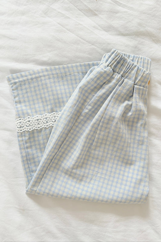 Girls blue and white gingham wide leg trousers