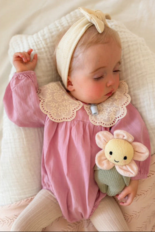 Girls pink romper with broderie oversized collar