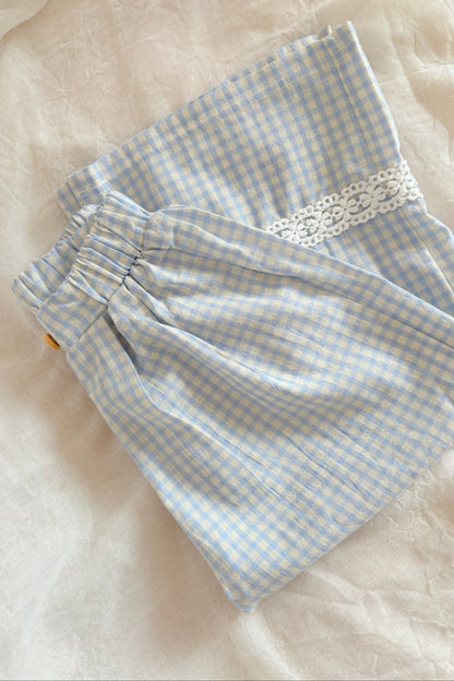 Girls blue and white gingham wide leg trousers