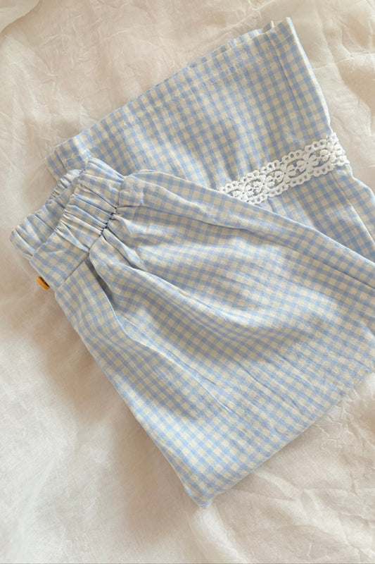 Girls blue and white gingham wide leg trousers