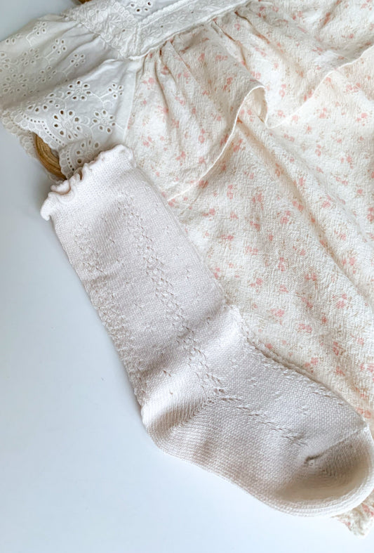 OPENWORK KNEE HIGH FRILL SOCK IN MILK - Vintage Blossom