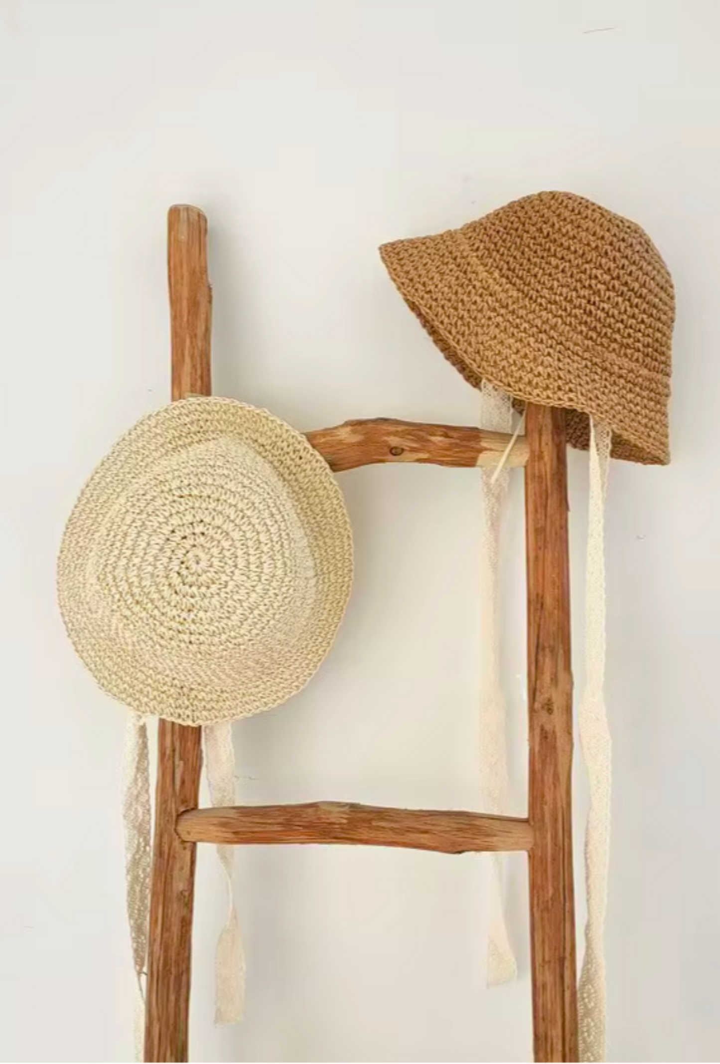Baby and children's wicker hat with a lace under the chin tie in colour beige and tawny brown