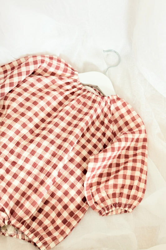 Baby girls pink and beige gingham romper