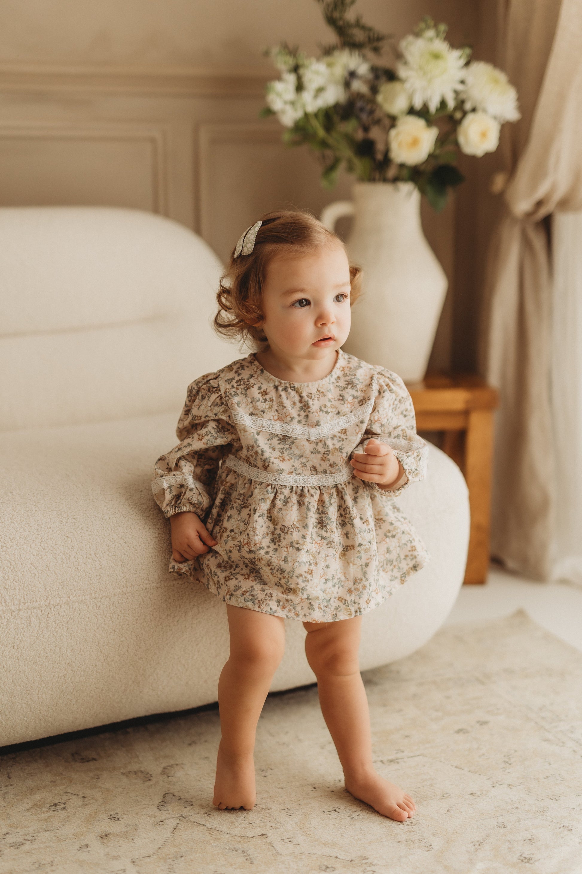 Beige/ green floral romper dress
