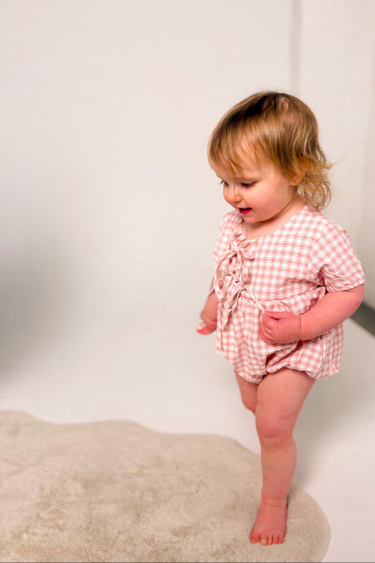 Girls pink and white gingham romper
