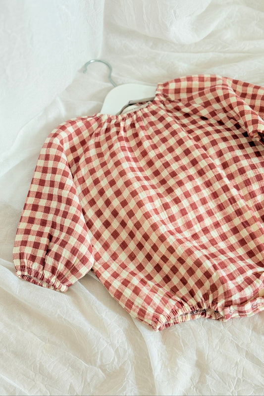 Baby girls pink and beige gingham romper