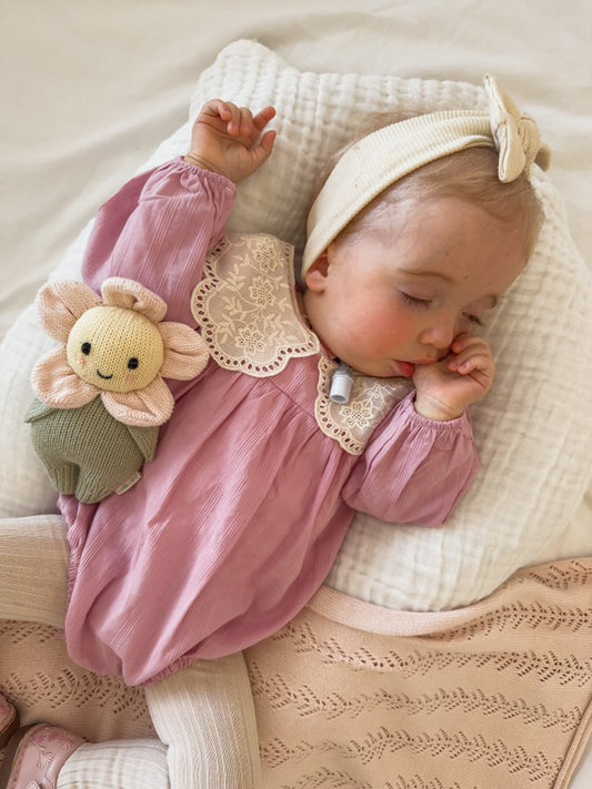 Girls pink romper with broderie oversized collar