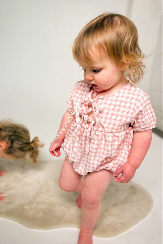 pink and white gingham romper