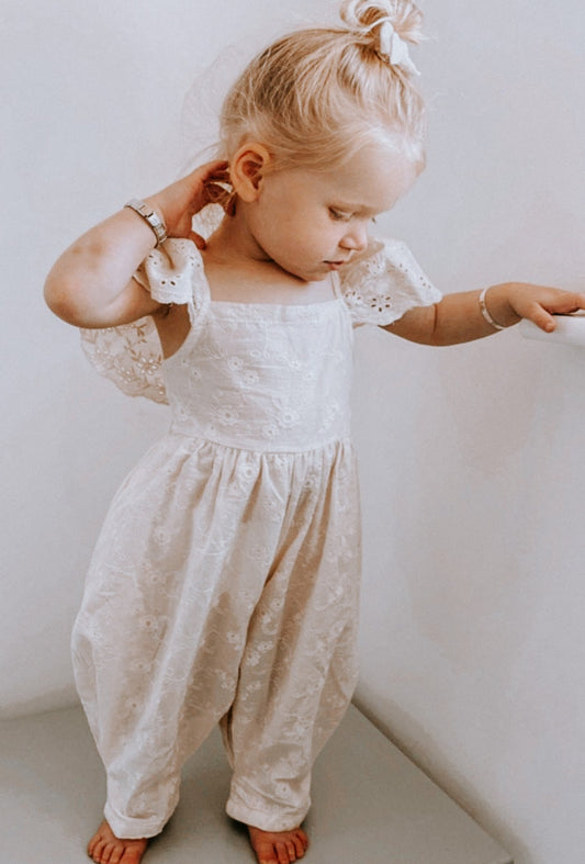 THE IVY BRODERIE FRILL SLEEVE COTTON TIE BACK JUMPSUIT - Vintage Blossom