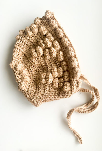 HAND CROCHET POM POM BONNET IN SAND - Vintage Blossom