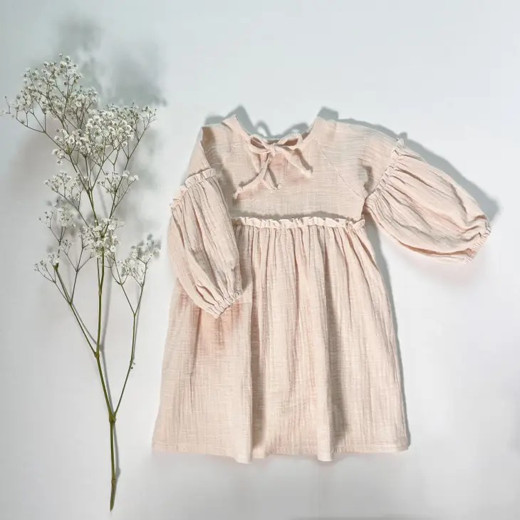 EDITH MUSLIN TIE BACK DRESS IN BEIGE ROSE - Vintage Blossom
