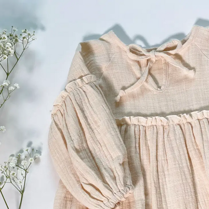 EDITH MUSLIN TIE BACK DRESS IN BEIGE ROSE - Vintage Blossom