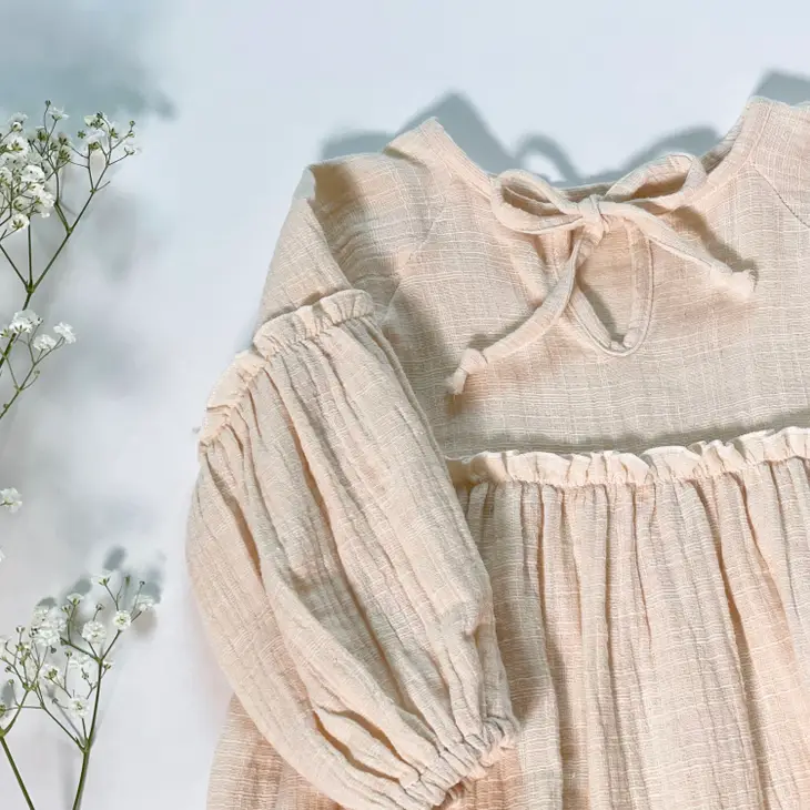 EDITH MUSLIN TIE BACK DRESS IN BEIGE ROSE - Vintage Blossom